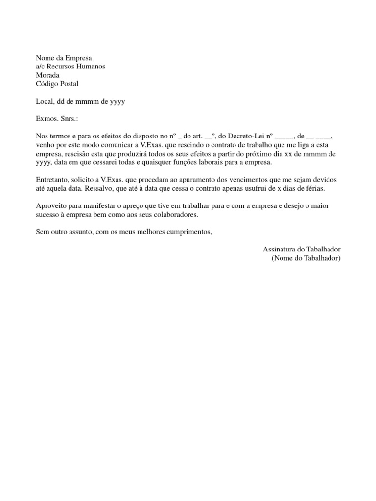 Carta Rescisao Contrato Pelo Trabalhador