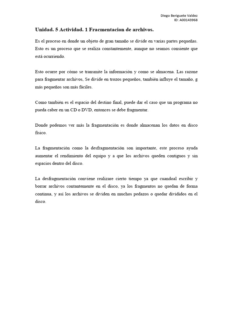 Unidad 5 Actividad 1 Fragmentaci N De Archivos Pdf