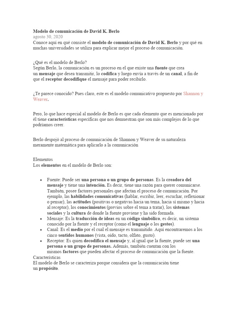 Modelo de Comunicación de David K. Berlo | PDF | Comunicación | Ciencia ...