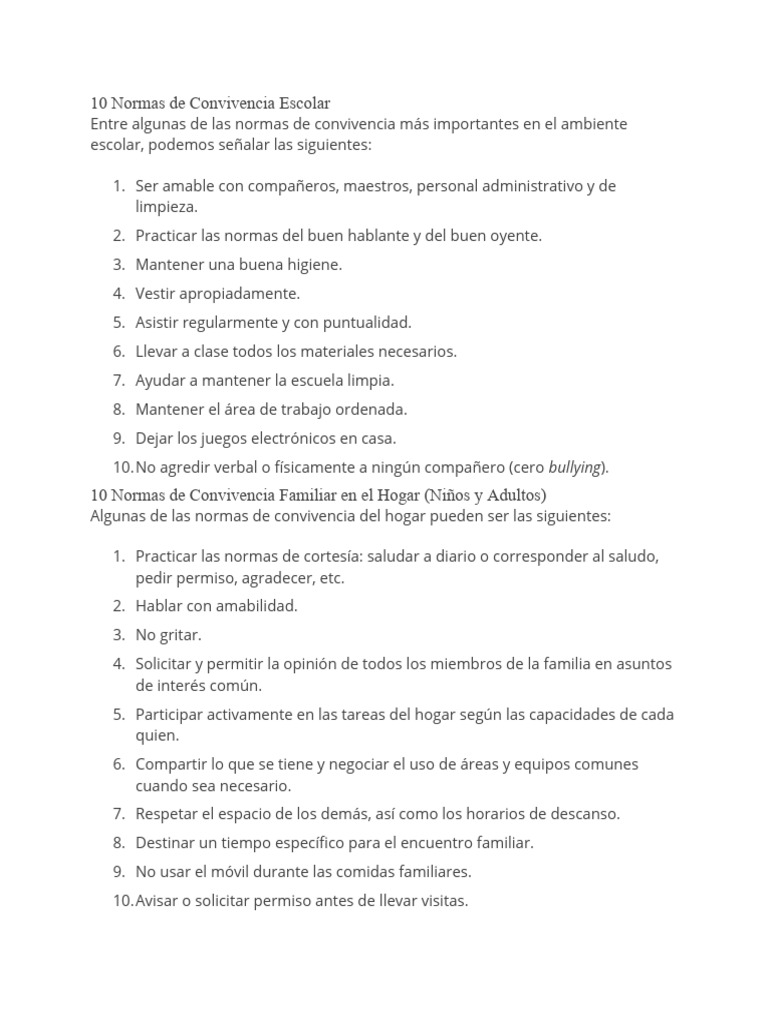 10 Normas de Convivencia Escolar | PDF | Crecimiento personal y profesional