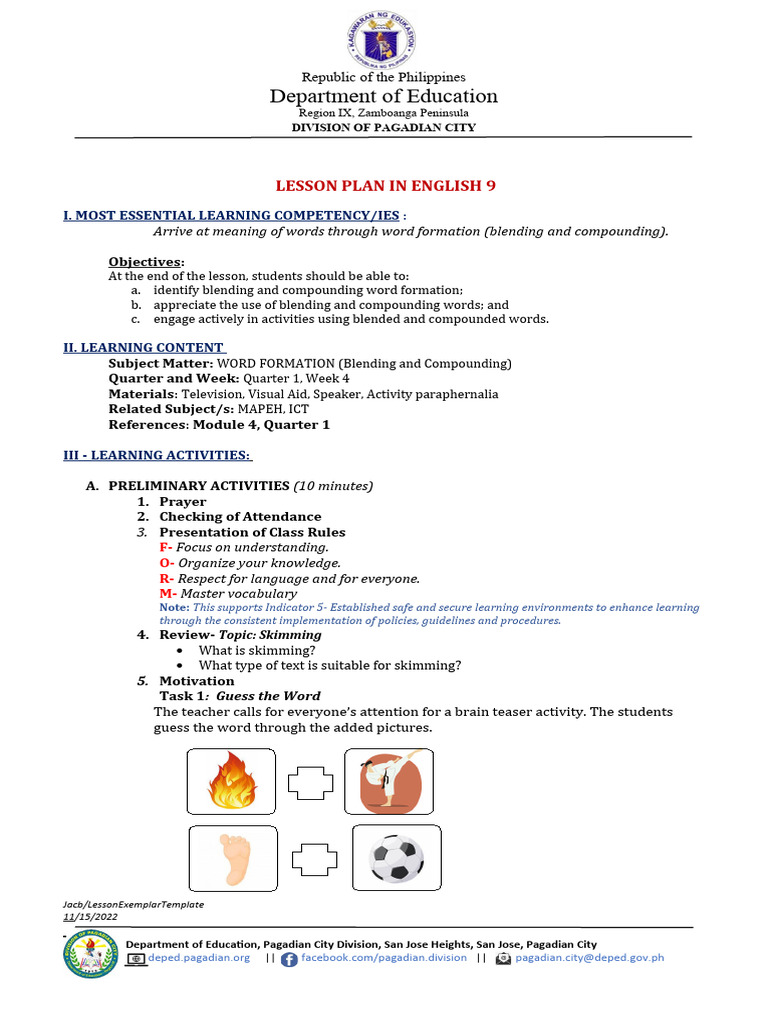 English 9 Lesson Plan: Word Formation | PDF | Lesson Plan | Learning