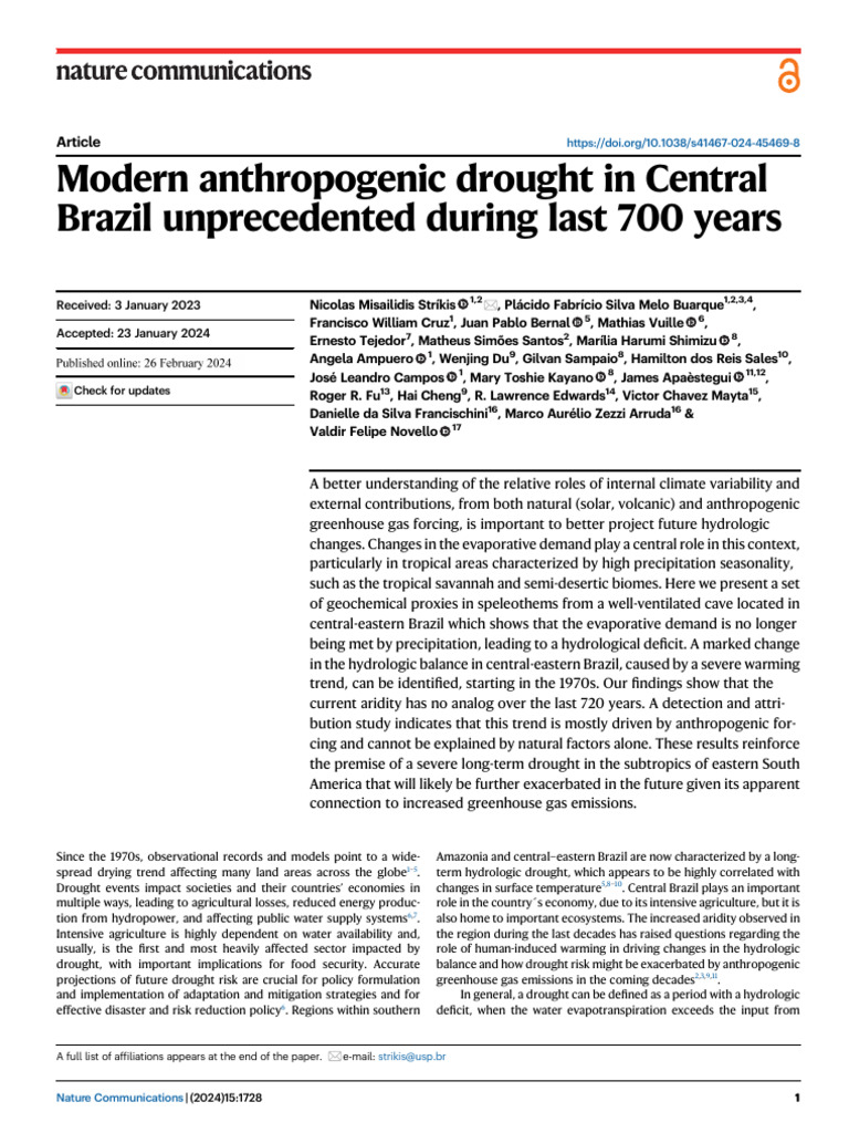 Modern Anthropogenic Drought in Central Brazil Unprecedented During ...