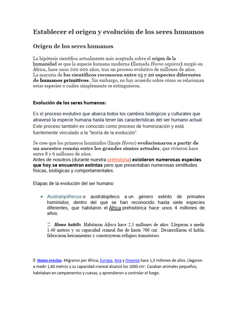 Origen y evolución del ser humano | PDF | Homo | Evolución humana