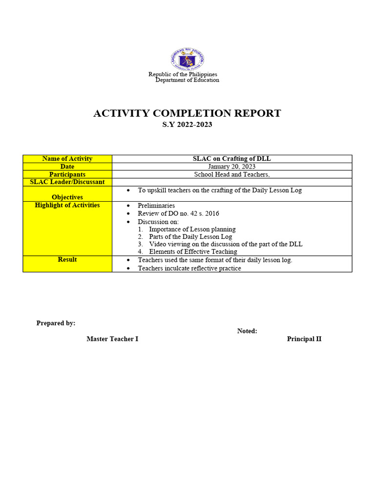SLAC Report on Daily Lesson Log Crafting | PDF | Teachers | Lesson Plan