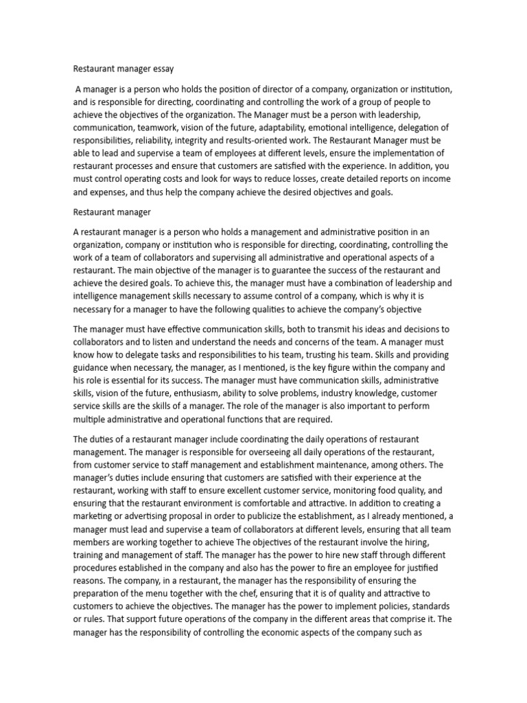 Essential Skills of a Restaurant Manager | PDF | Leadership | Goal