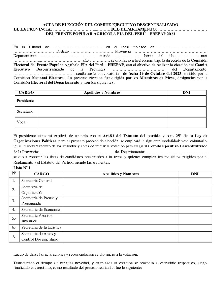 Acta de Elección del FREPAP 2023 | PDF | Votación | Gobernancia