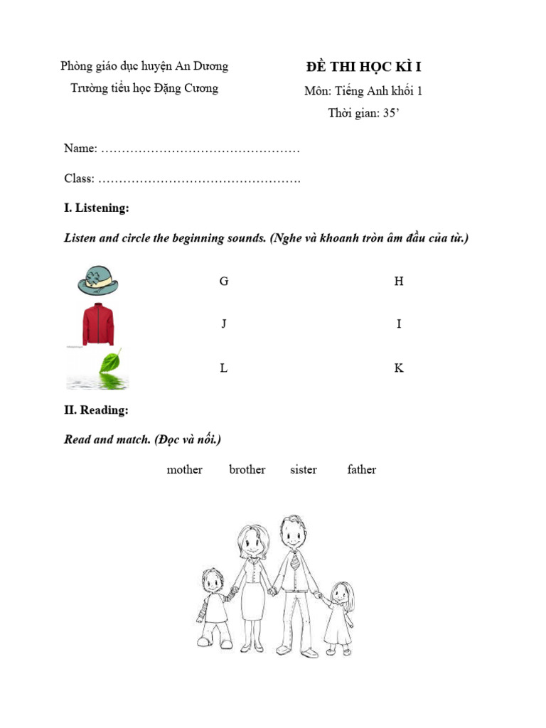 Bo de Thi Hoc Ky 1 Mon Tieng Anh Lop 1 | PDF
