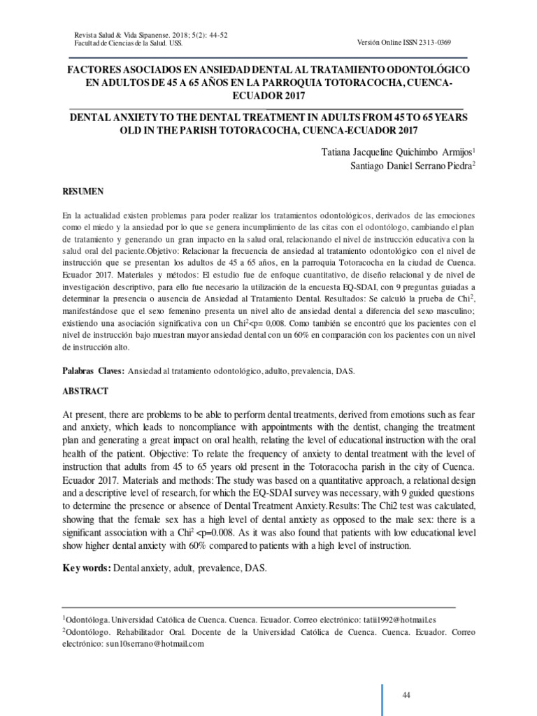 Factores Asociados En Ansiedad Dental Al Tratamiento Odontológico En