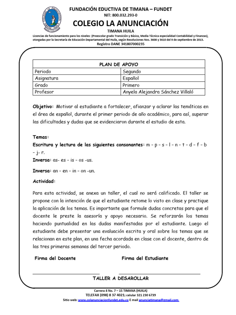 Plan de Apoyo de Español II 20233 | PDF | Educación de la primera infancia
