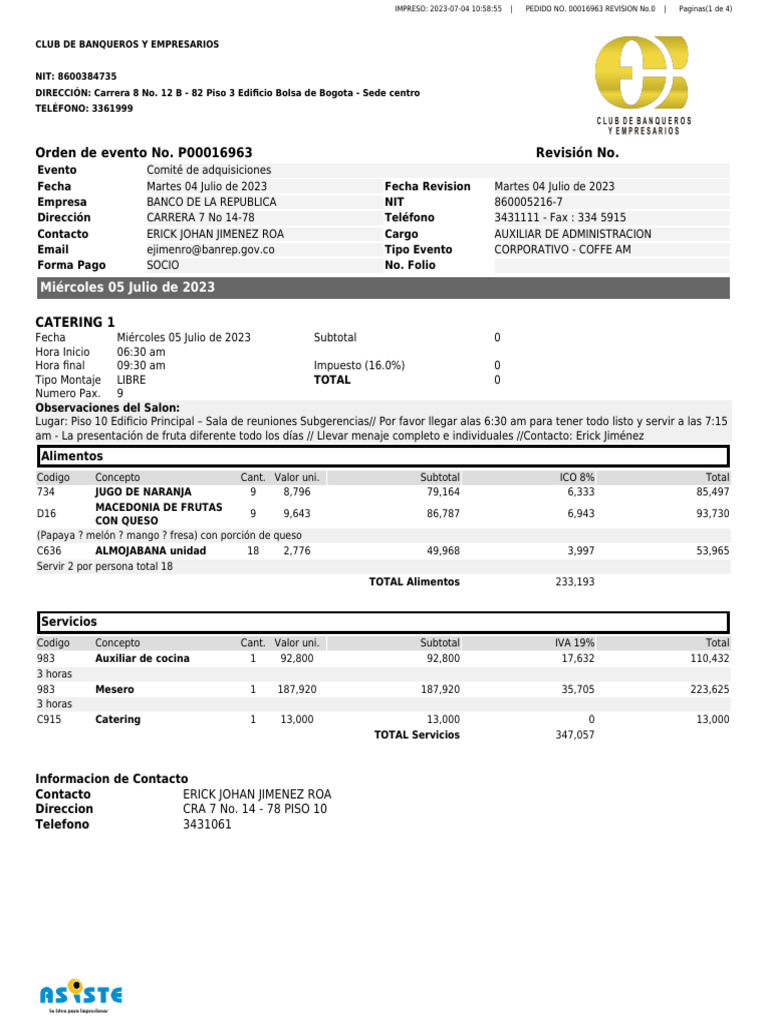 Orden de Evento P00012856 Rev. 0 BANCO DE LA REPUBLICA | PDF ...