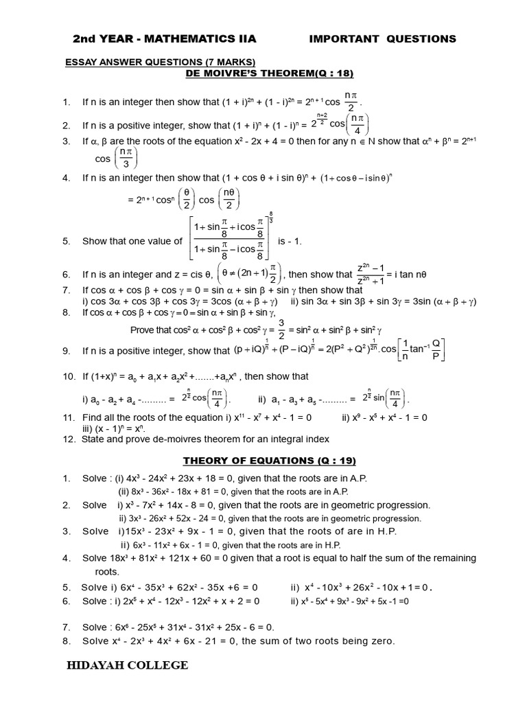 Important Questions for Maths IIA | PDF | Zero Of A Function | Complex ...