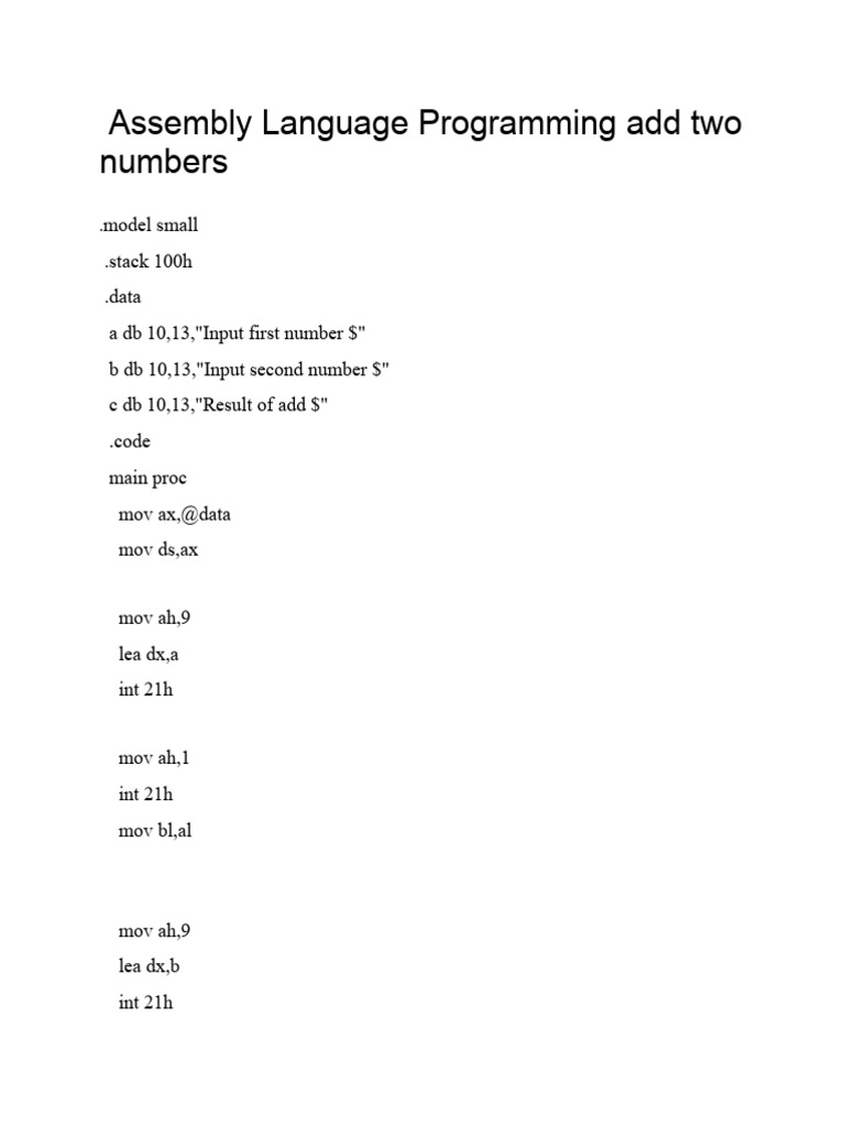 Assembly language programming add two numbers pdf