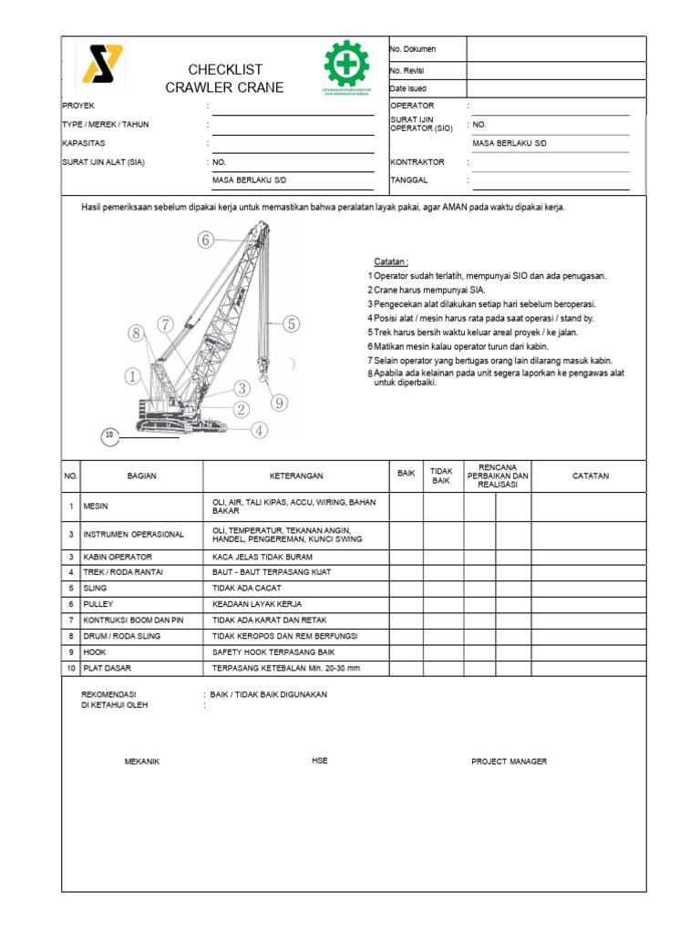 Checklist Crawler Crane dan Komponennya | PDF