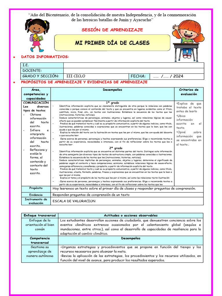 Primer Día de Clases: Aprendizaje y Lectura | PDF | Aprendizaje ...