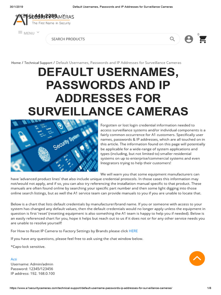 Default Usernames, Passwords and IP Addresses For Surveillance Cameras