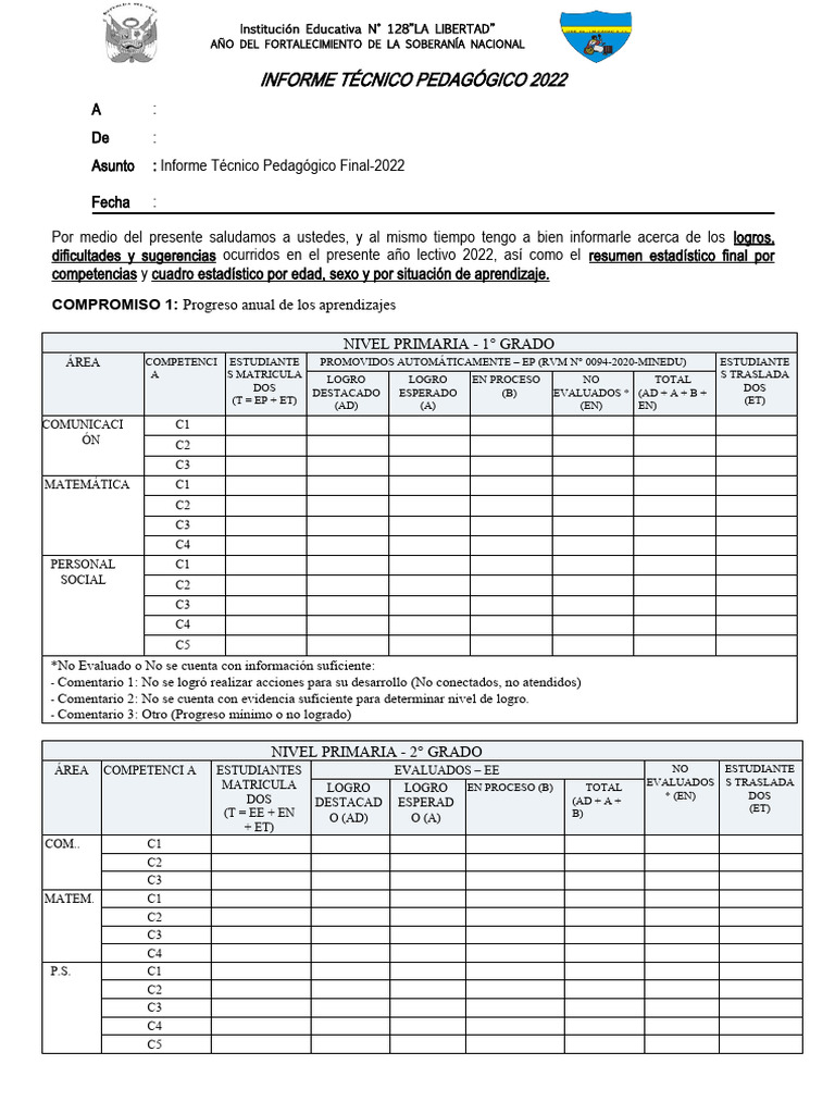 Informe Técnico Pedagógico 2022 | PDF | Educación primaria | Aprendizaje