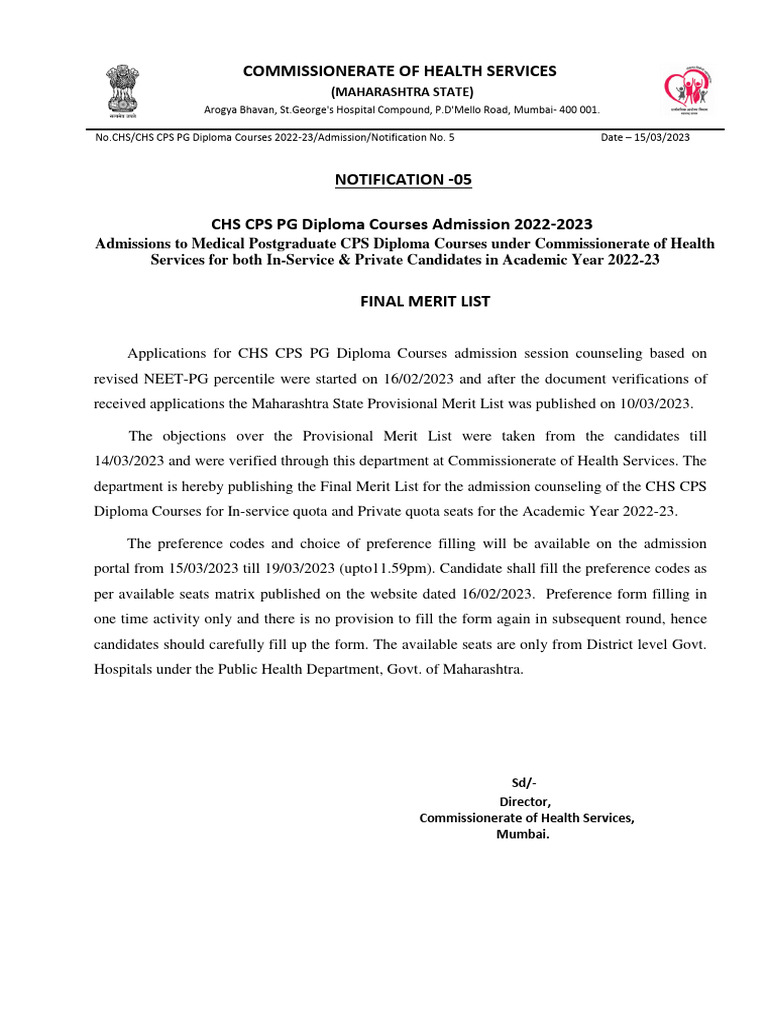CHS CPS Diploma Final Merit List 2022-23 | PDF | Higher Education ...