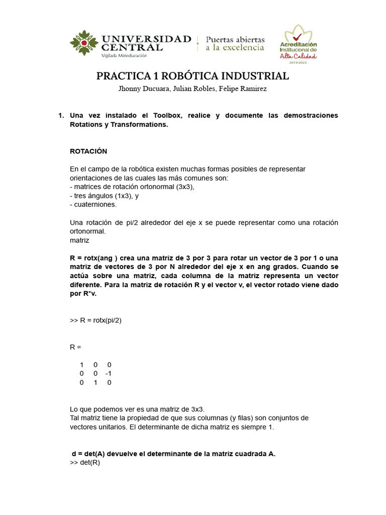 Práctica 01 Robótica Industrial Pdf Rotación Matriz Matemáticas