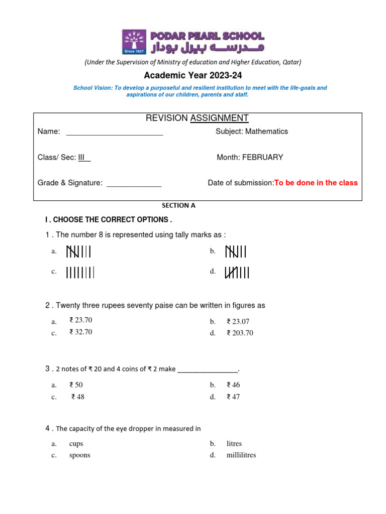 Class 3 Mathematics Revision Assignment | PDF | Rupee | Litre