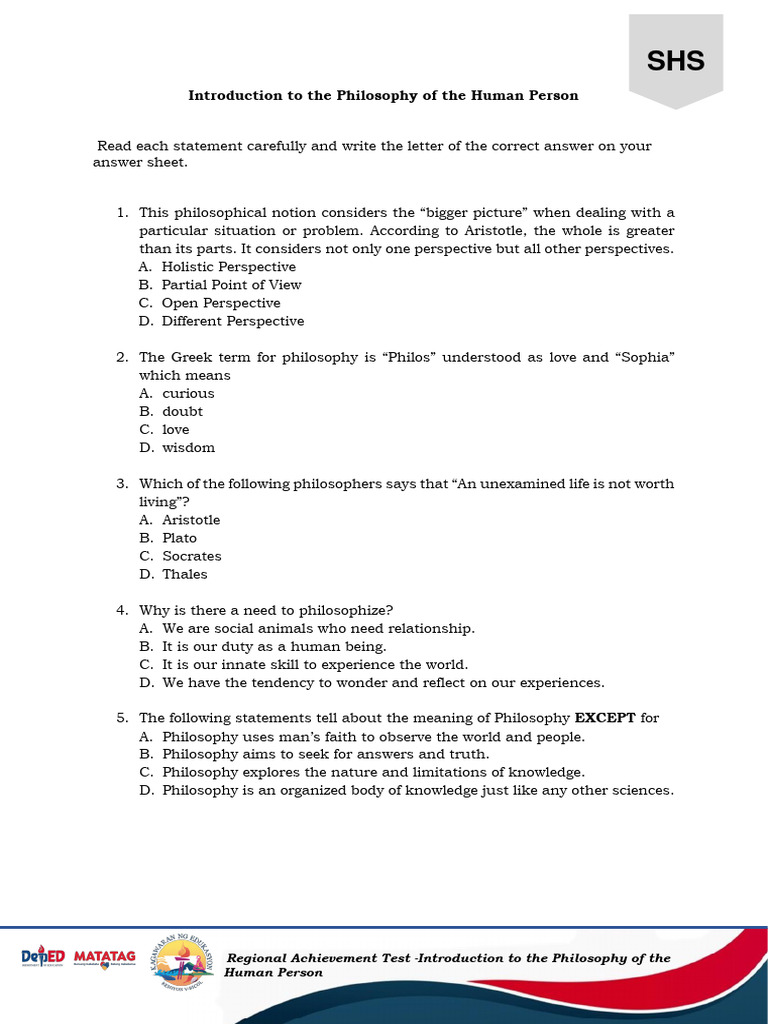Philosophy of the Human Person Test | PDF | Truth | Free Will