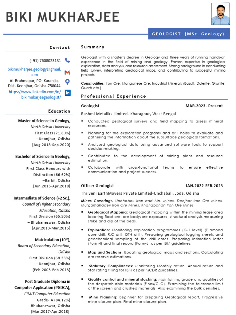 Biki Mukharjee CV Geologist Profile-1 | PDF | Geology | Mining