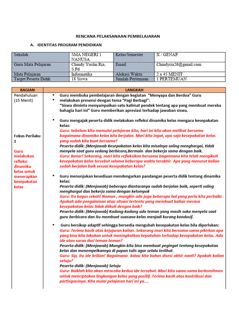 RPP Informatika Kelas X SMA Nanusa | PDF