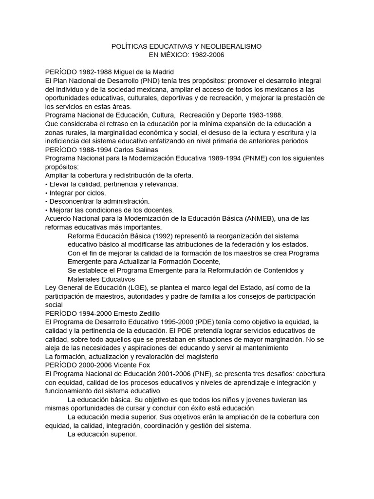 Resumen Políticas Educativas y Neoliberalismo | PDF | Educación ...