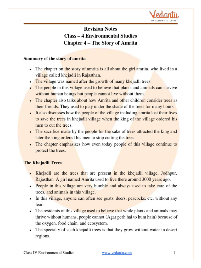 The Story of Amrita Class 4 Notes CBSE EVS Chapter 4 (PDF) PDF