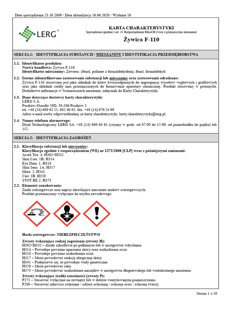 Żywica F-110: Karta Charakterystyki | PDF