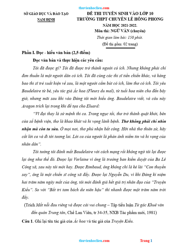 De thi ts 10 mon van chuyen le hong phong nam dinh 21 22 pdf