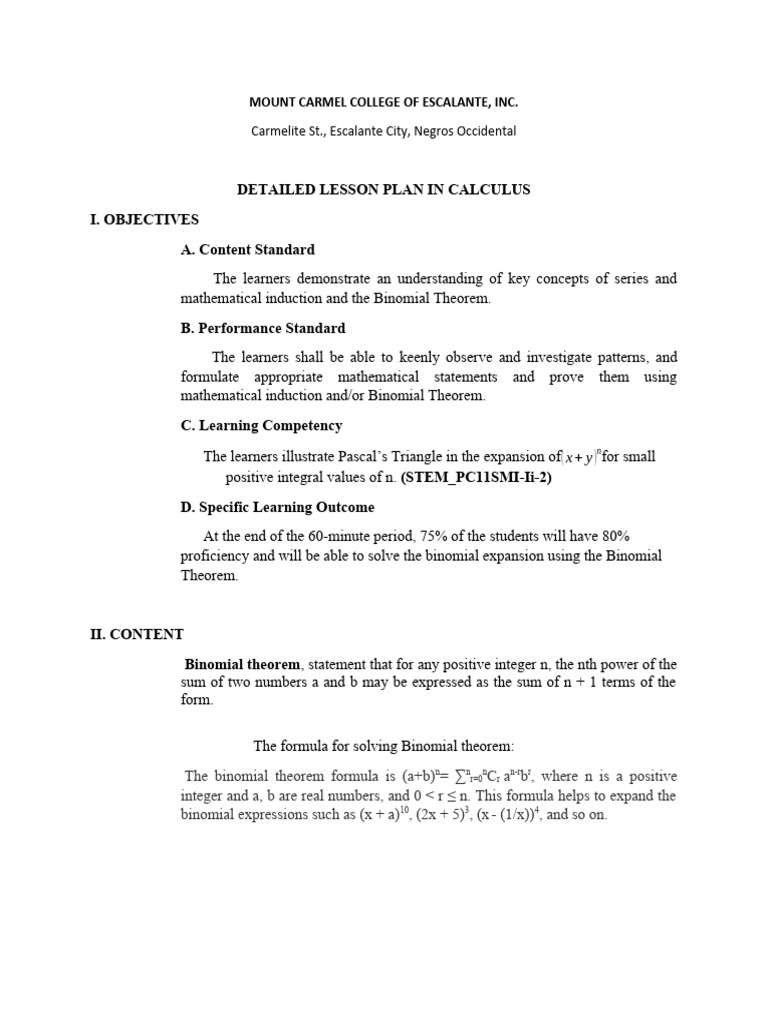 Detailed Calculus Lesson Plan: Binomial Theorem | PDF | Mathematics