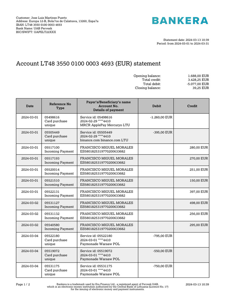 Bankera LT483550010000034693 EUR March 2024 03 13 093907 | PDF | Payments |  Banks