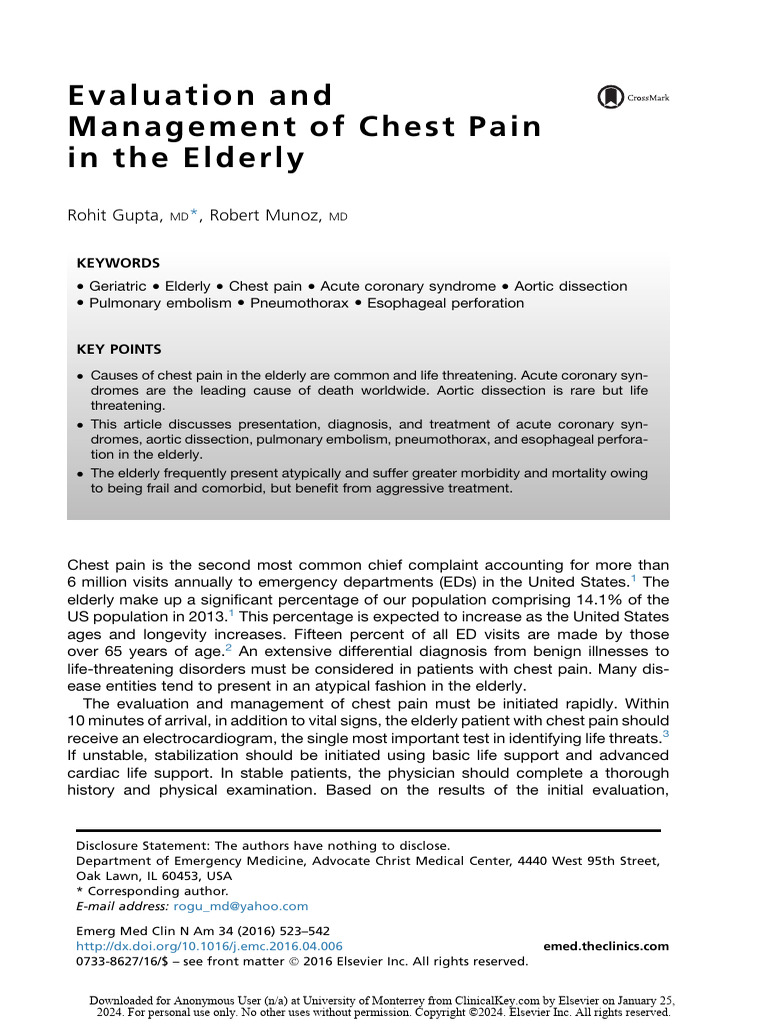 Evaluation and Management of Chest Pain in The Elderly | PDF ...