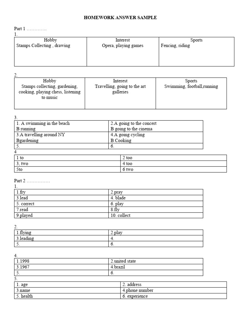 Homework Sample: Hobbies and Interests | PDF