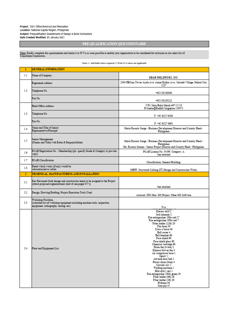 DSV Pre-Qualification Questionaire - DB&B | PDF | Occupational Safety ...