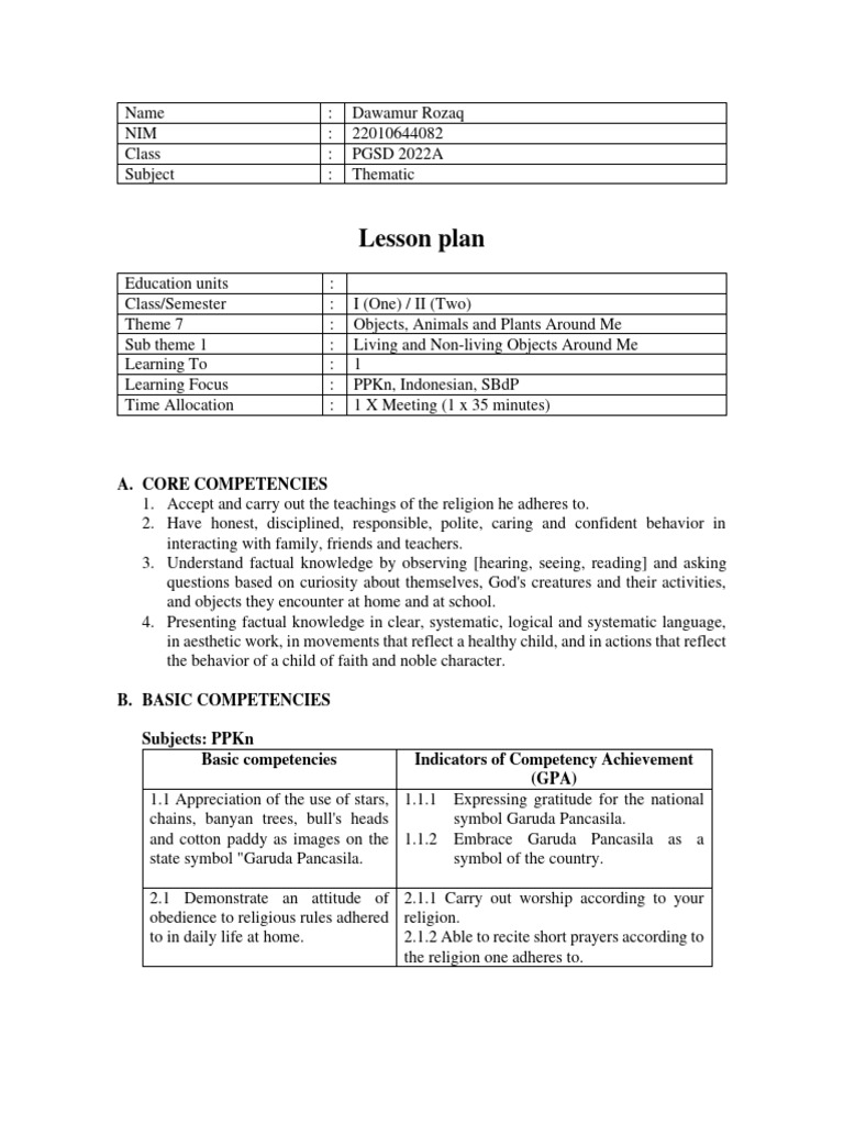 Tematik rpp lesson plan pdf educational assessment attitude