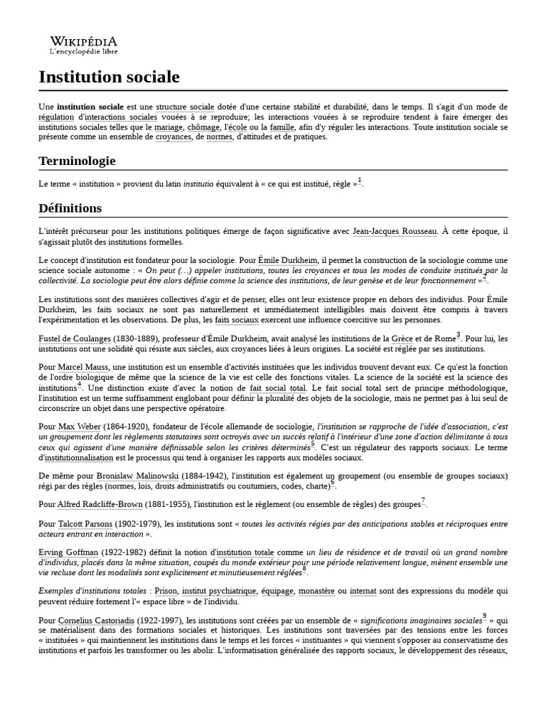 Définition et rôle des institutions sociales | PDF | Institution ...