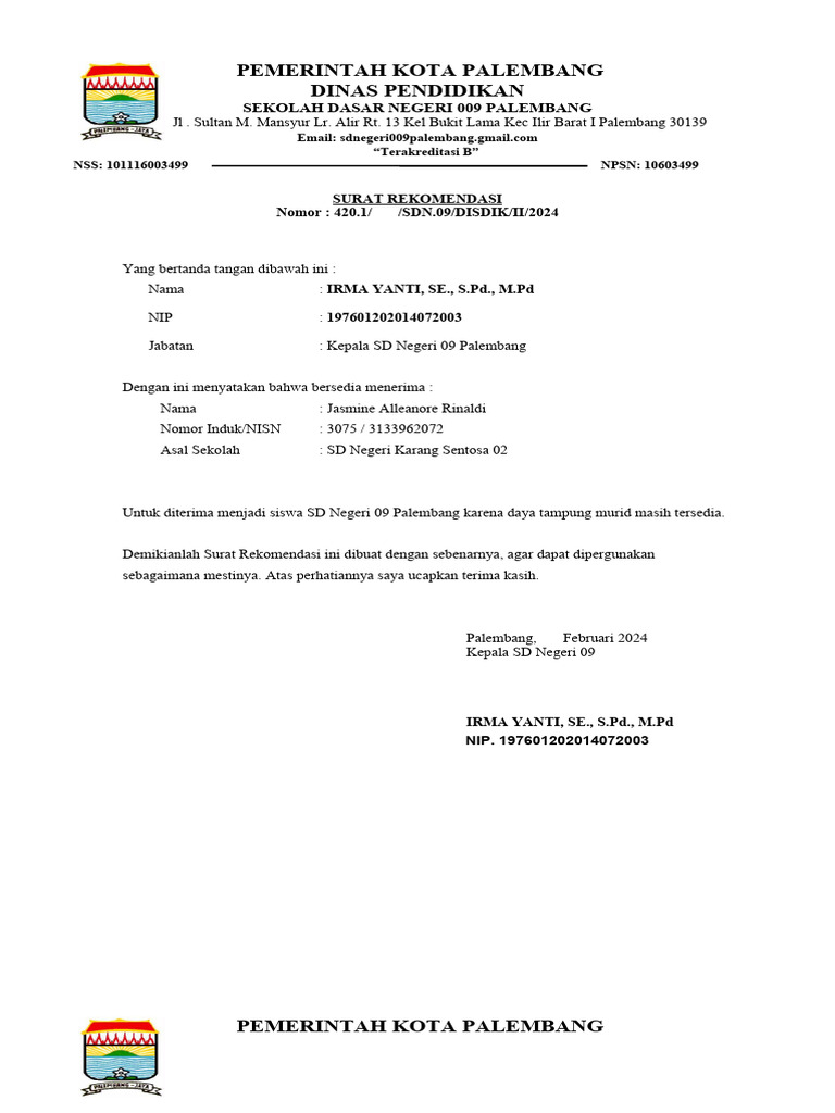 Surat Rekomendasi Mutasi Jasmine Pdf