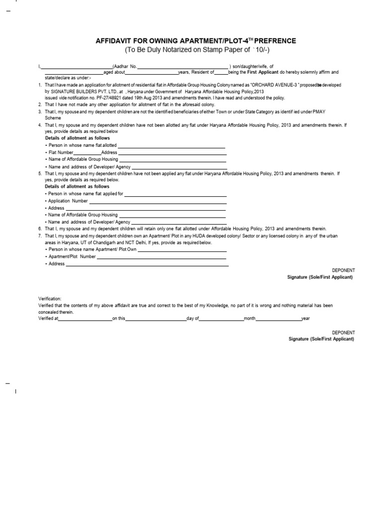 AFFIDAVIT FOR OWNING APARTMENT PLOT-4TH PREFRENCE | PDF | Affidavit ...