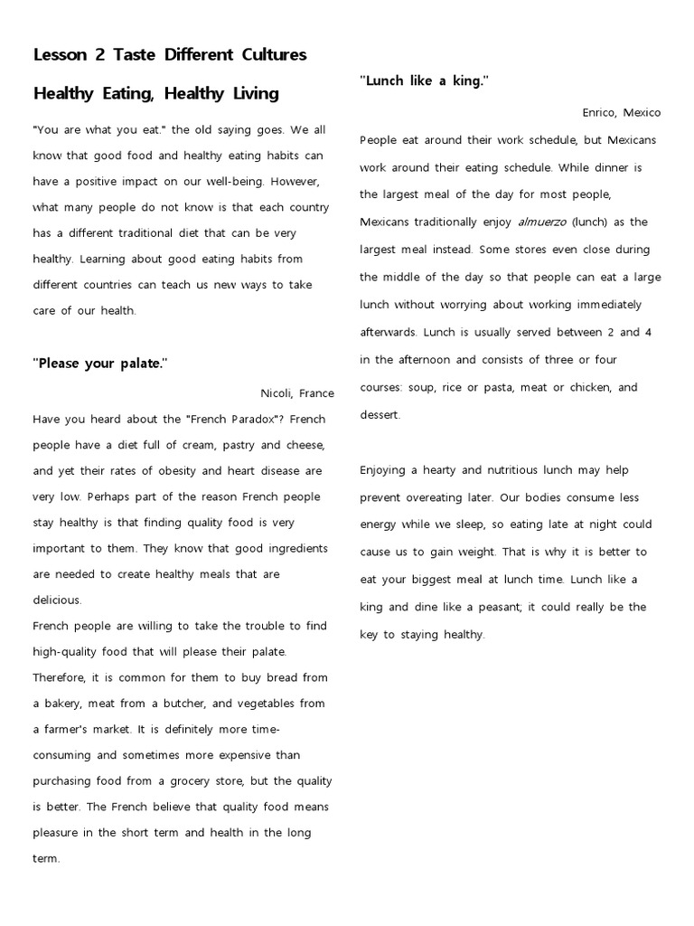 Lesson 2 Taste Different Cultures | PDF | Lunch | Meal