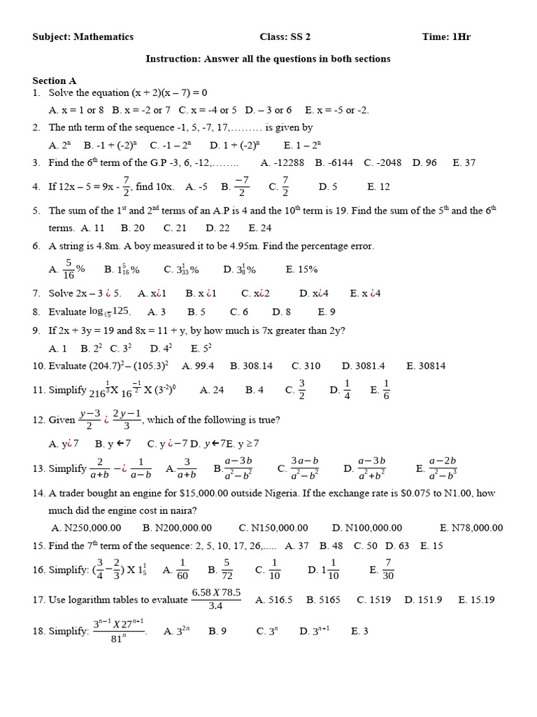 SS2 Mathematics Exam Questions | PDF | Algebra | Elementary Mathematics