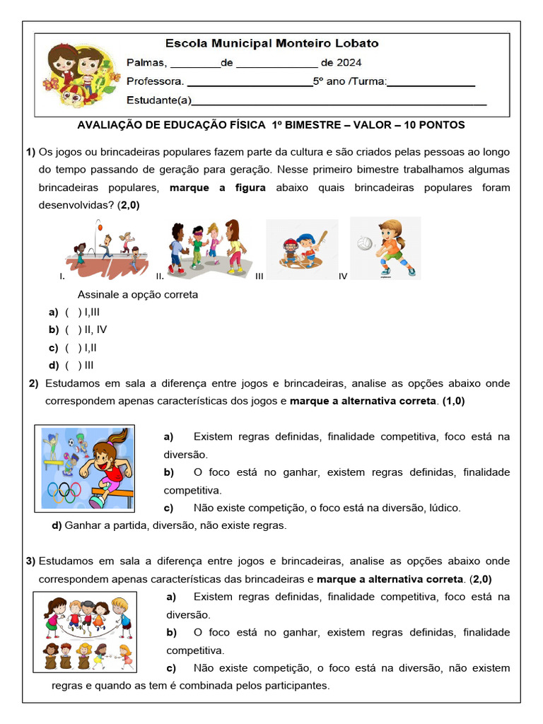 Avaliação de Educação Física 5º Ano | PDF