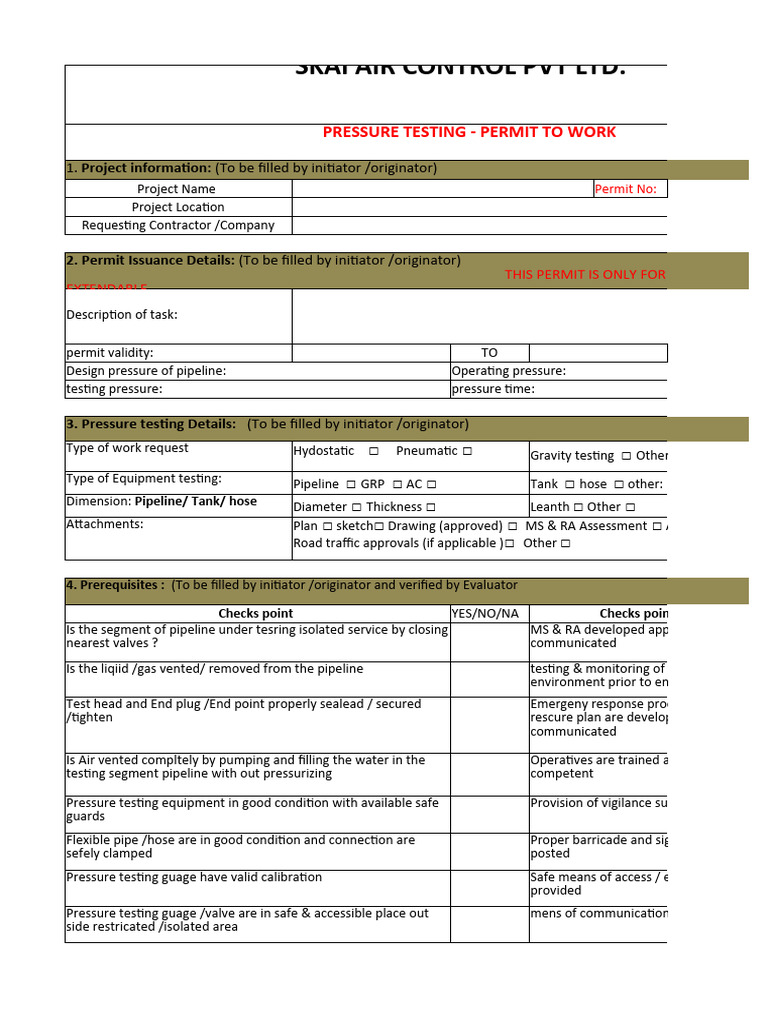 Skai Air Control Pressure Testing Permit | PDF | Pipeline Transport | Gases