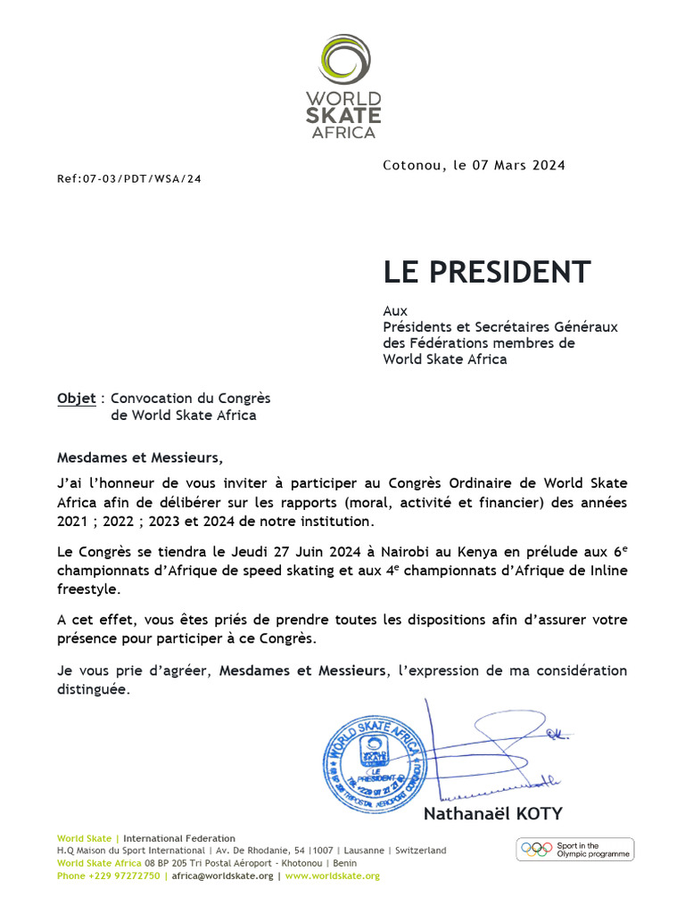 Convocation Congrès World Skate Africa 2024 | PDF