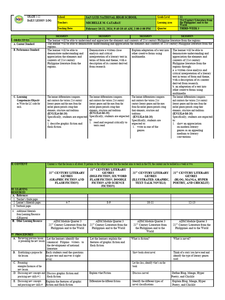 Grade 11 Literature Lesson Plan | PDF | Genre | Learning