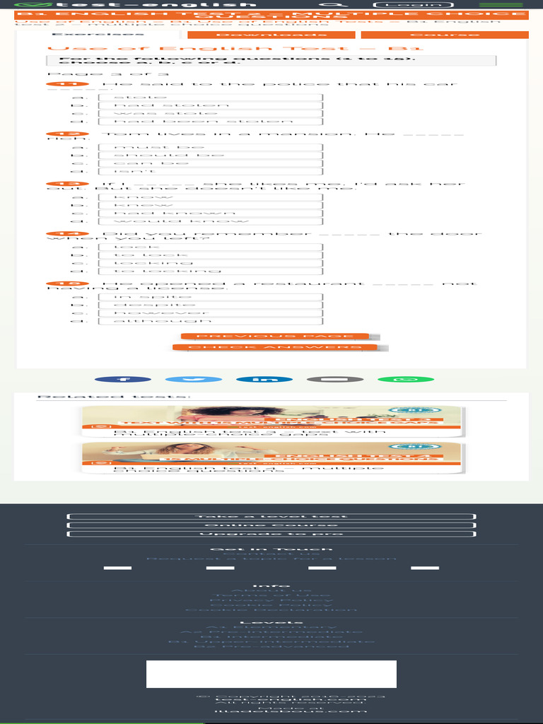 B1 English Test 2 Multiple Choice Questions Test English Pdf