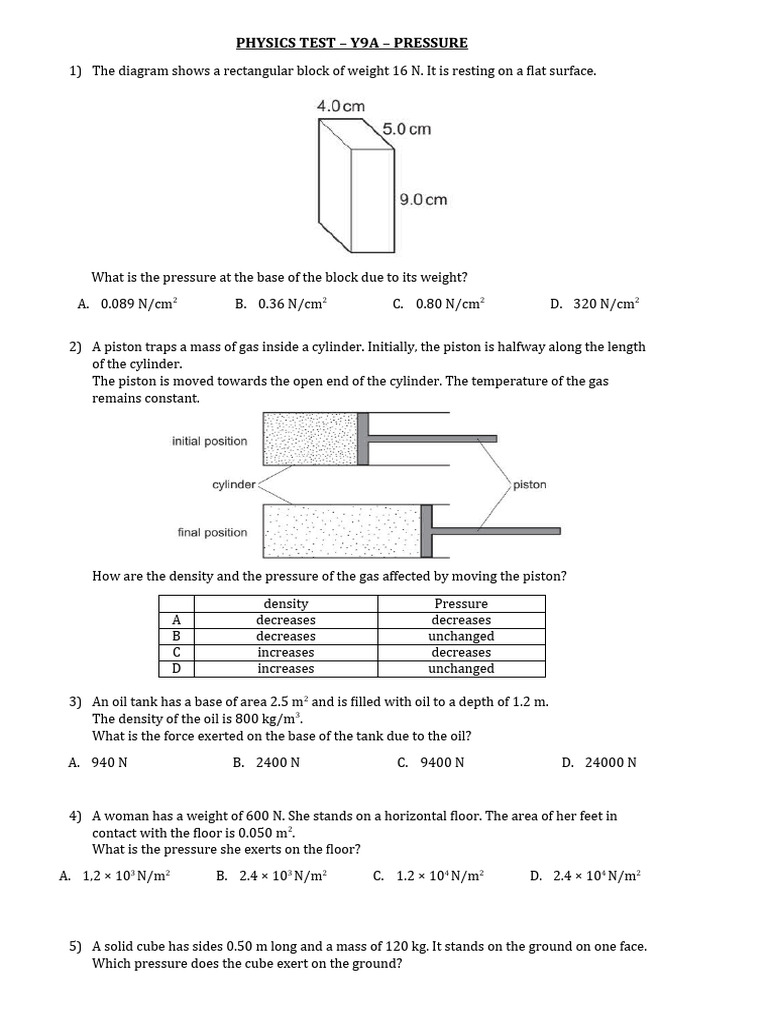 Year 9 Physics Test on Pressure | PDF | Pressure | Gases