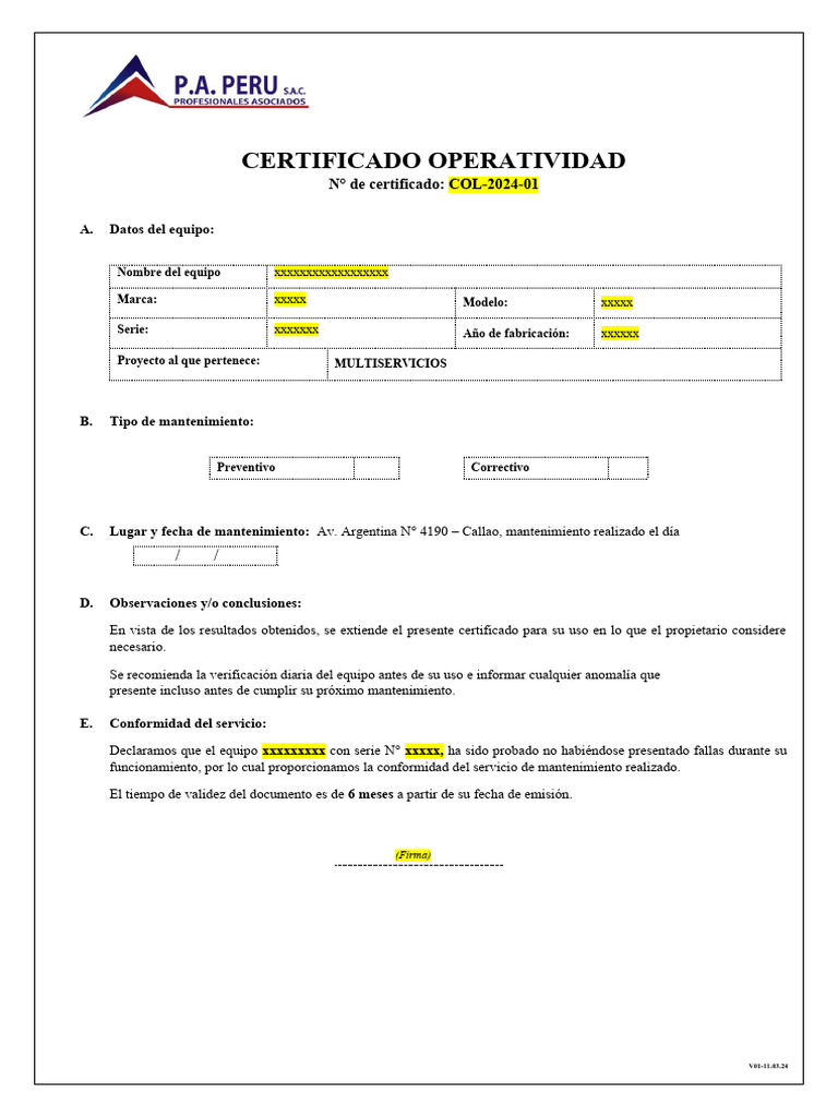 Certificado de Operatividad de Equipos | PDF