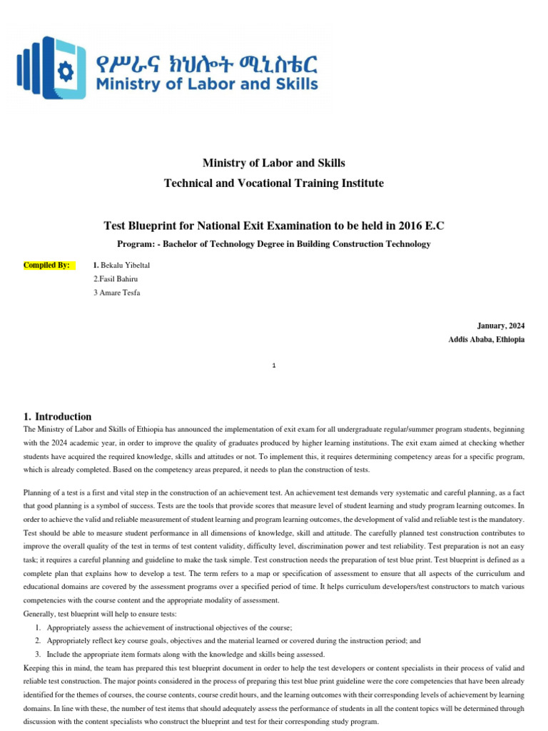 Test Blueprint for Building Construction Exam | PDF | Educational ...