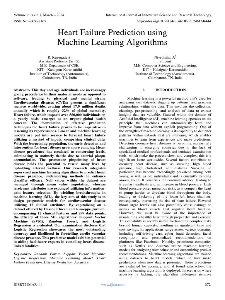 Heart Failure Prediction Using Machine Learning Algorithms | PDF ...